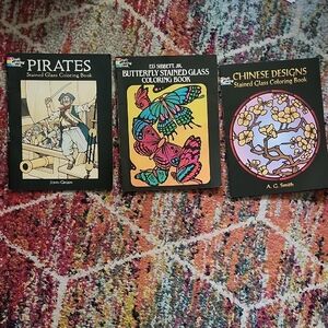 Set Of 3 Stained Glass Coloring Books - Pirates, Butterfly, Chinese Designs